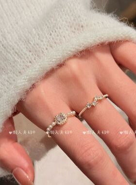 爆闪轻奢方糖锆石珍珠戒指女小众轻奢精致叠戴气质开口可调节指环