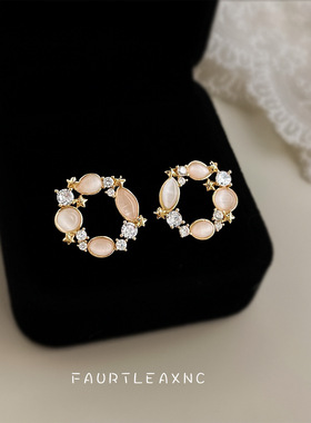 原创设计玻璃猫眼石微镶锆石耳钉镀银针通勤感圆形耳饰镀14k