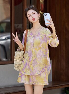 新中式国风套装女2025夏季新款提花天丝长袖衬衫上衣短裤两件套潮