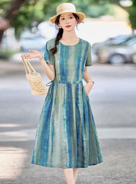 时尚设计感棉麻风印花连衣裙女夏季2025新款小个子收腰显瘦裙薄款