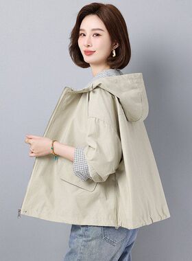 连帽格子冲锋衣外套女百搭2025春季宽松休闲时尚夹克工装上衣潮