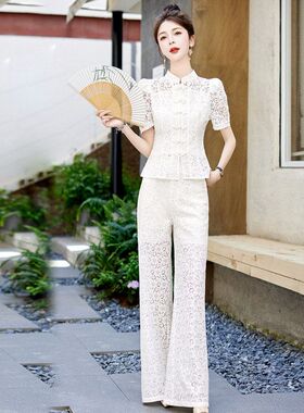 夏天古风蕾丝套装女2025新款盘扣上衣阔腿裤显瘦减龄职业休闲服潮