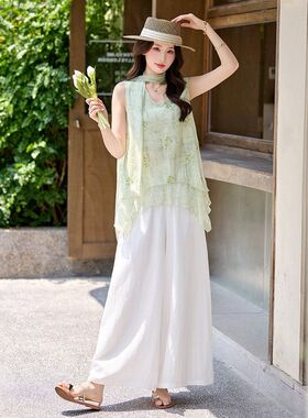 氧气感夏日穿搭V领刺绣上衣女夏季飘带背心气质阔腿裤套装两件套