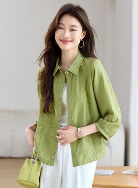 休闲长袖衬衫外套女2025年春秋新款洋气妈妈减龄宽松短款开衫上衣