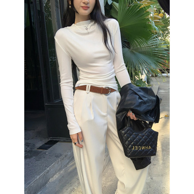 莱赛尔天丝羊毛燕麦色半高领打底衫女秋冬季新款修身内搭长袖上衣