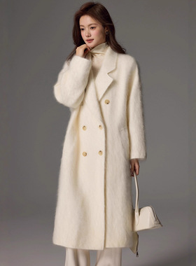 紫色羊绒拉绒大衣加内胆长毛内衬西装领双排扣宽松羊毛呢子外套