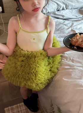 儿童装女童裙子吊带针织弹力上衣拼接蛋糕裙连衣裙2026夏季新款货