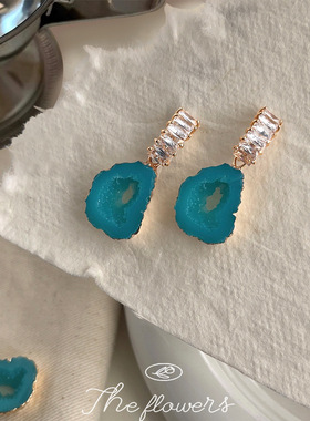 湖光冰萃蓝微镶锆石感耳环小众设计感民族风气质溶洞质感耳饰