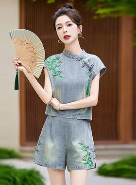 新中式国风牛仔短裤套装女2025夏季新款小个子洋气百搭刺绣两件套