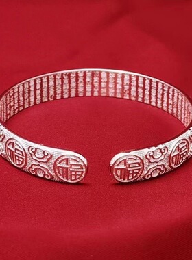 新款中国风百福开口银色手镯设计复古文艺时尚个性民族风送妈妈礼