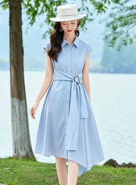 法式高级感气质衬衫洋装女2026夏季新款翻领系带收腰显瘦中长裙