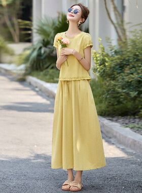 木耳边拼接休闲套装女夏2025新款时尚薄款短袖t恤阔腿裤两件套