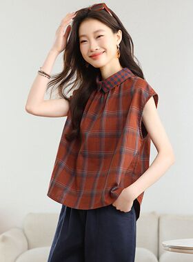 夏日精致设计感上衣短袖格纹T恤新款2025年宽松休闲气质妈妈上衣