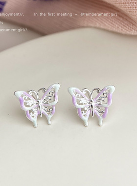 珐琅滴釉清新甜美彩色镂空蝴蝶镀银针耳饰工厂耳钉 2026新款饰品