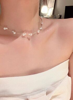 韩系双层珍珠满天星项链女高级感轻奢小众颈链锁骨链choker配饰