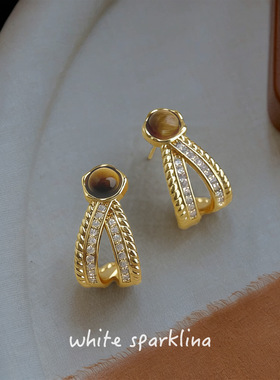 原创法式文艺复古中古风天然石虎眼石小众设计几何锆石耳环耳饰女