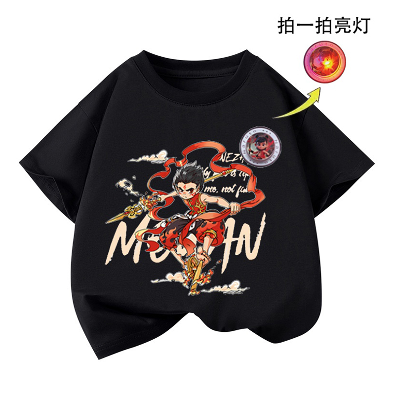 哪吒2025新款亮灯短袖T恤男童女童夏季哪吒中小童装纯棉印花半袖