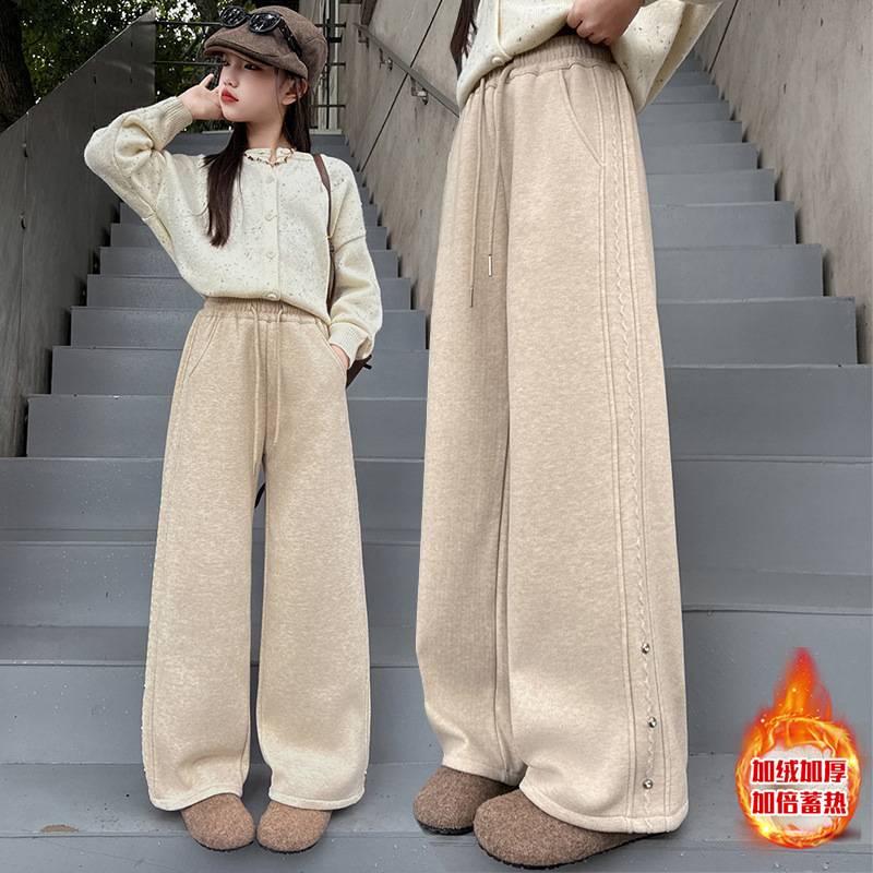 商场品牌加绒运动裤女童冬季阔腿裤加绒2025新款休闲卫裤直筒加厚