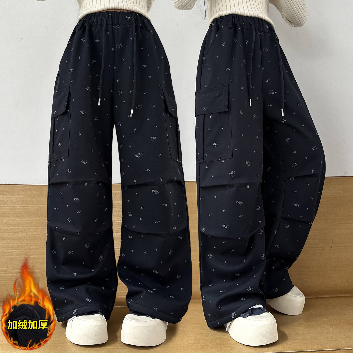 商场品牌女童秋冬加绒工装裤2025新款中大童女孩秋装阔腿裤直筒宽