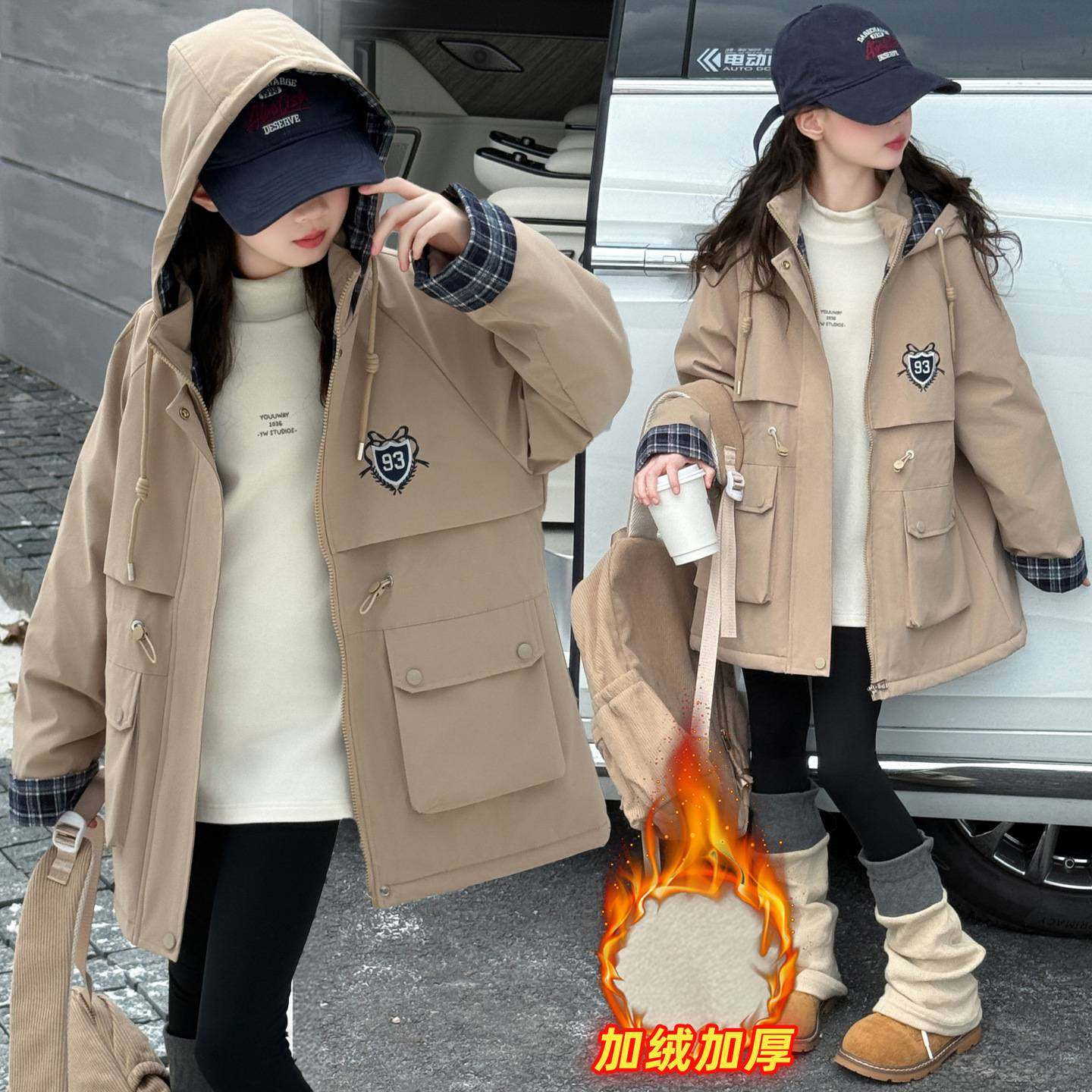 商场品牌女童加绒外套2025新款儿童秋冬洋气加厚中长款派克服冬季