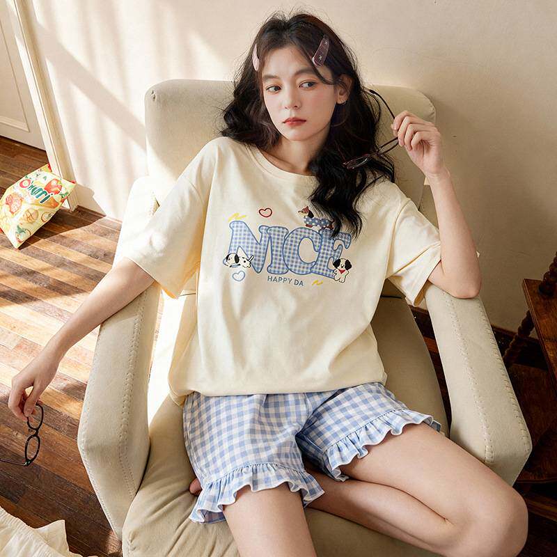 商场品牌睡衣女夏季棉绸短袖短裤带胸垫薄款2026新款夏天可爱休闲