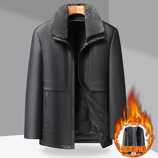 商场品牌2025冬季加绒内胆带毛领皮衣男中年大码外套保暖爸爸装宽