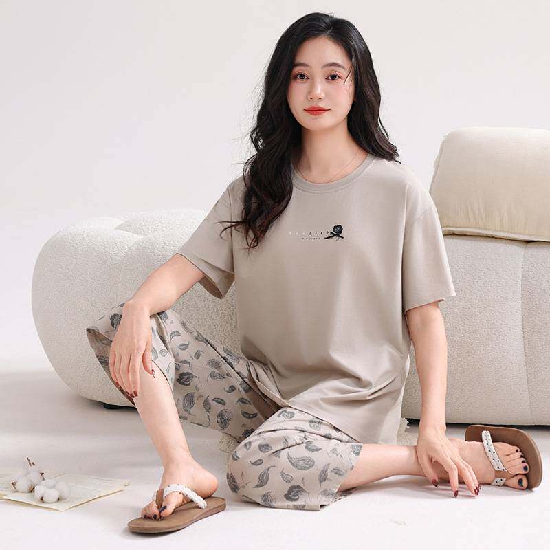 商场品牌纯棉睡衣女款夏季带胸垫短袖七分裤夏天薄款防凹点全棉家
