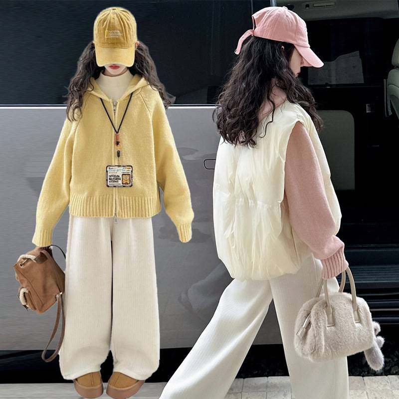 商场品牌女童棉马甲三件套秋冬2025新款儿童加绒加厚韩系洋气大童