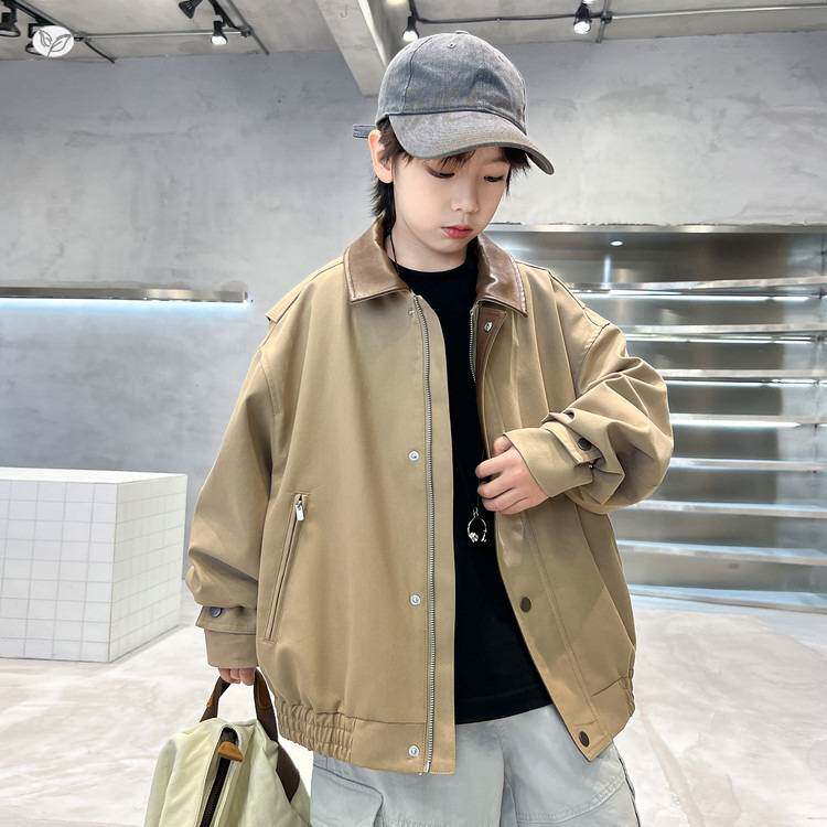 商场品牌男童拼皮外套2026年春季新款中大儿童韩系夹克衫洋气长袖