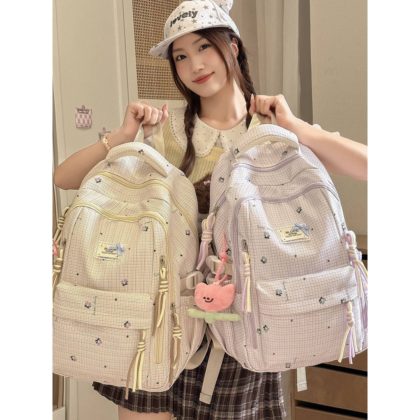 专柜品牌森系清新格子碎花满印学院风背包元气减龄初高中生上课旅