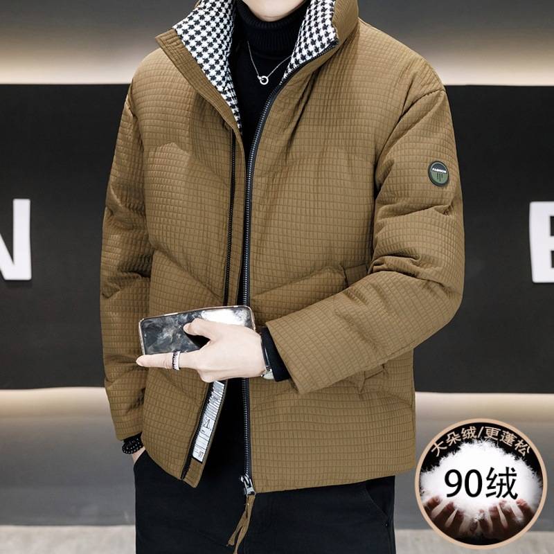 商场品牌2025新款立领短款羽绒服男装90绒千鸟格拼接保暖防寒外套