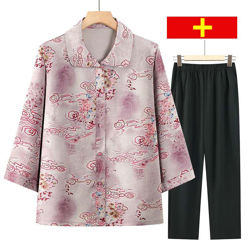 商场品牌奶奶夏装套装中老年人女款夏季时尚透气翻领上衣老太太宽