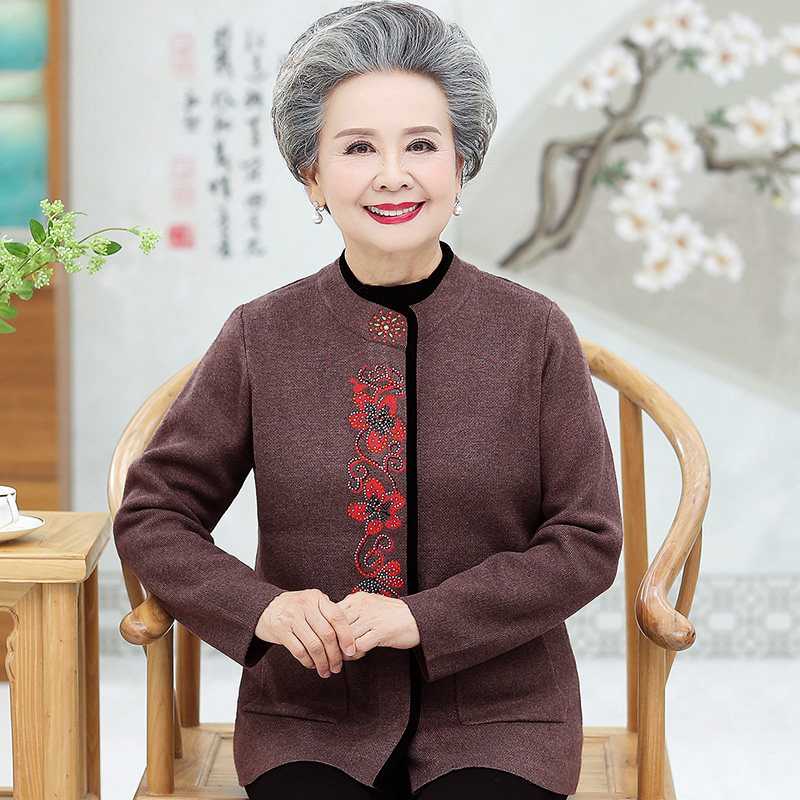 专柜品牌中老年人春秋装毛衣外套女老太太衣服妈妈羊毛线衣奶奶装