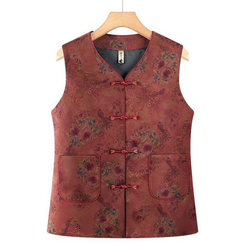 商场品牌中老年女士大码马甲春秋新款中式复古花卉图案棉服背心保