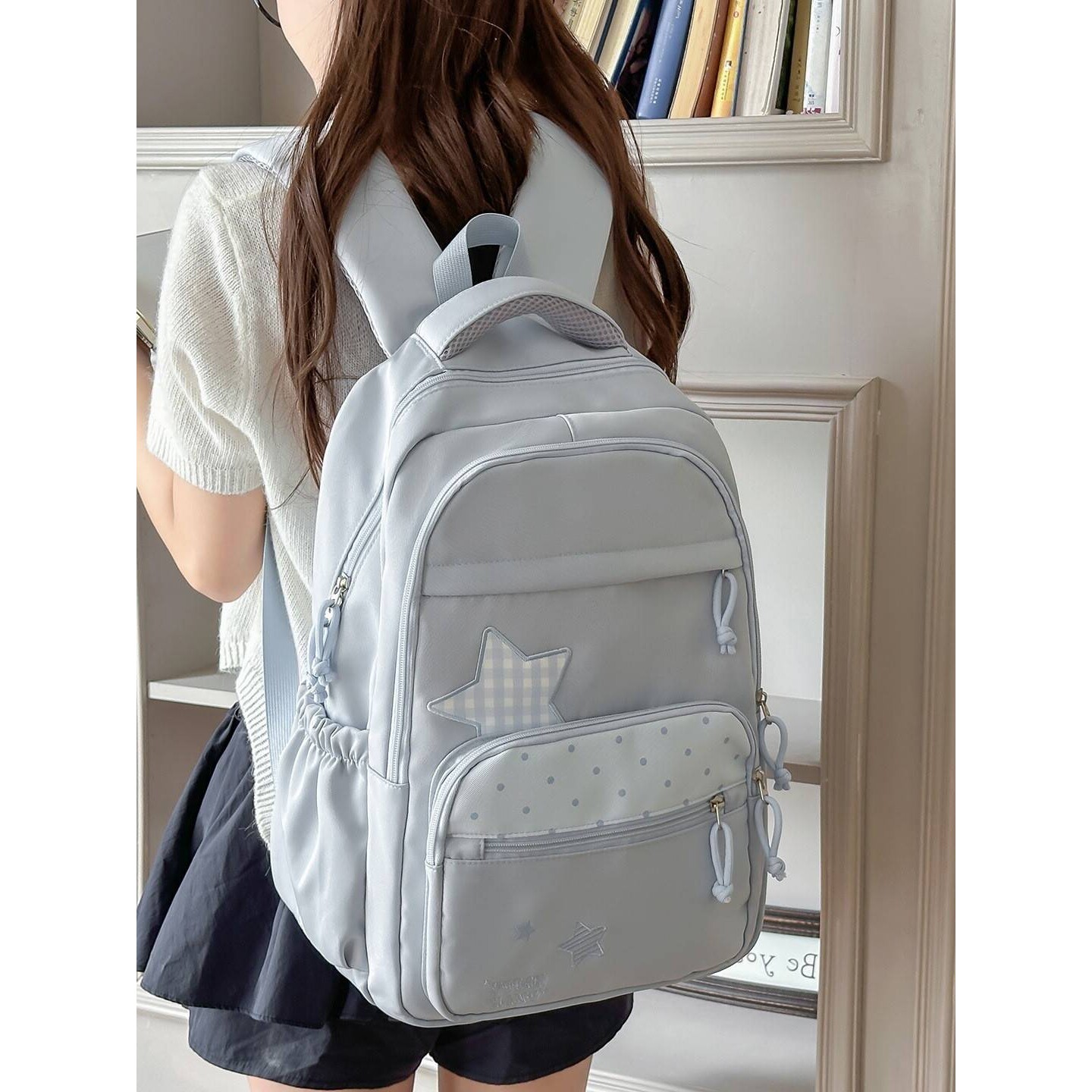 专柜品牌冷调灰蓝星星拼接双肩包韩系ins风文静少女校园上课周末