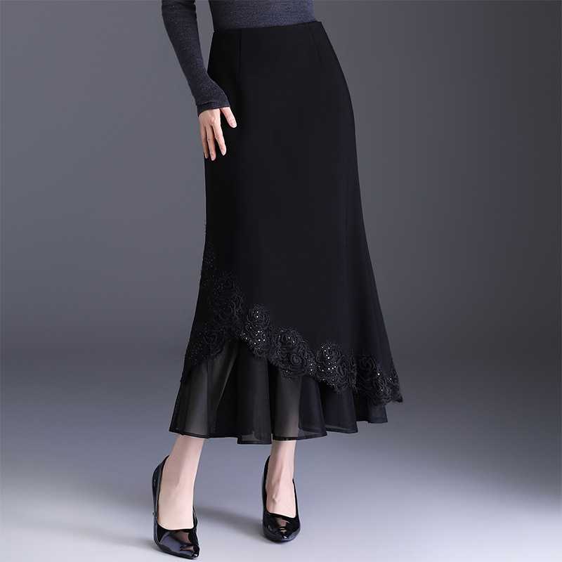 专柜品牌2026秋季新款时尚气质鱼尾裙黑色拼接纱网不规则刺绣花边