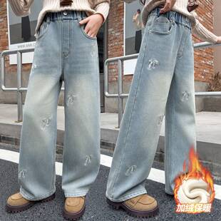 商场品牌女童秋冬牛仔裤加绒2025新款中大童亮片蝴蝶结阔腿裤浅蓝