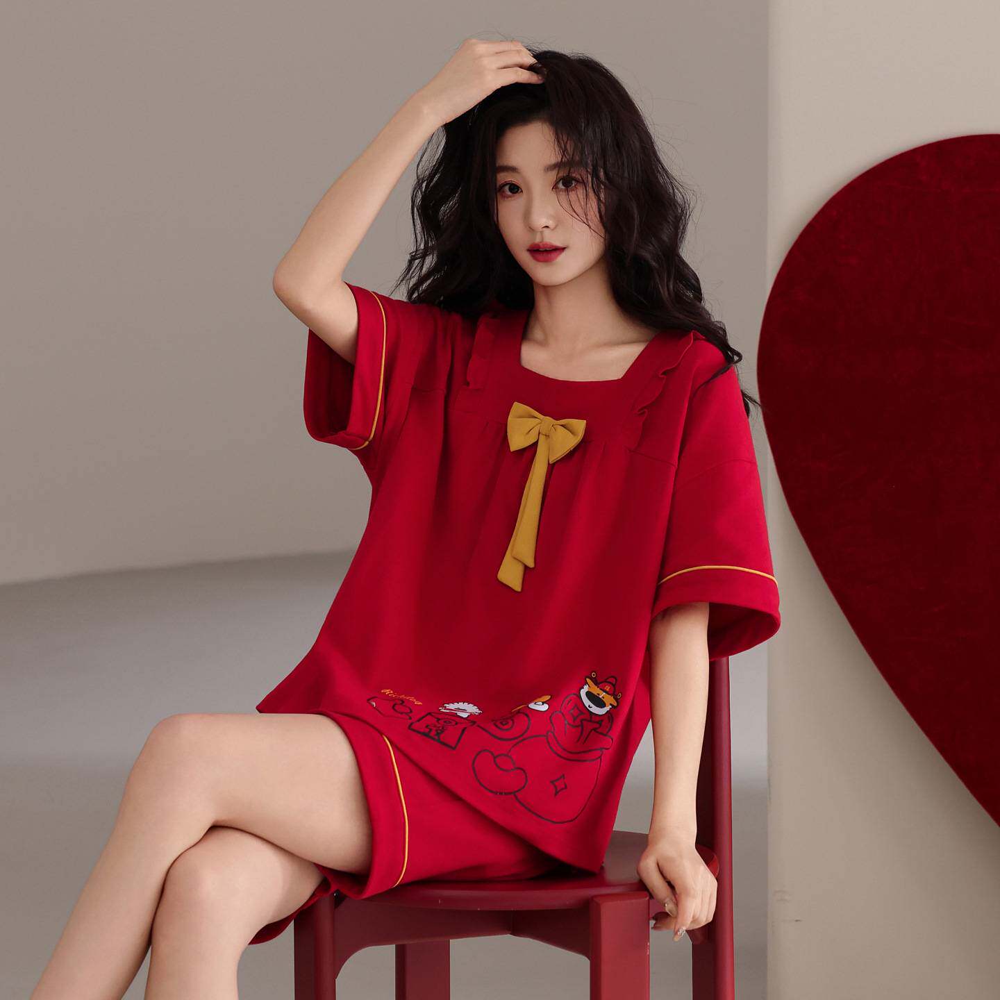 商场品牌红色本命年睡衣女夏季纯棉短袖短裤家居服结婚新婚喜庆可