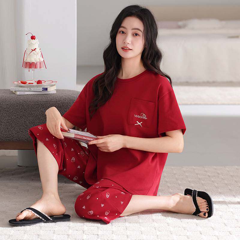 商场品牌纯棉睡衣女夏季三件套带胸垫免穿文胸短袖短裤七分裤可外