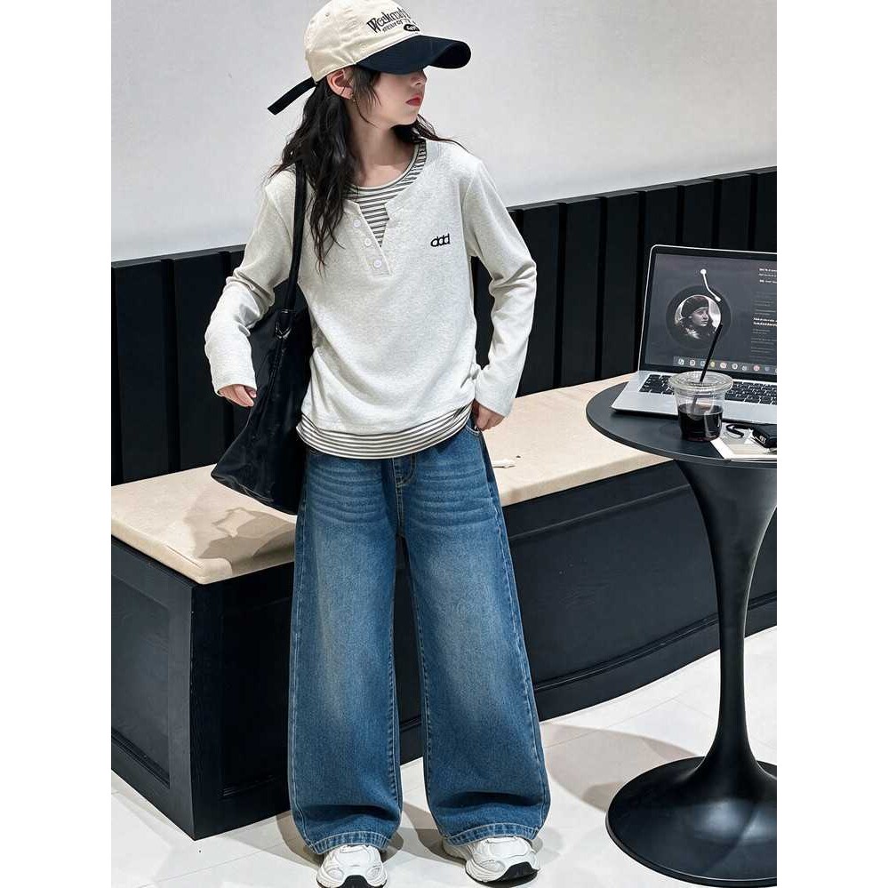 专柜品牌女童秋装长袖假两件卫衣套装2026新款中大童女生衣服牛仔