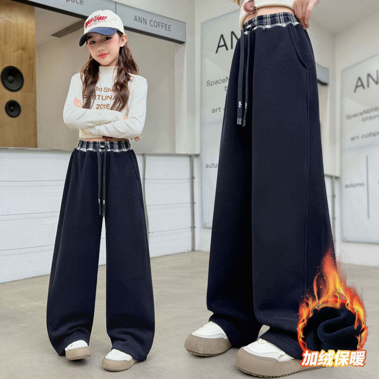 商场品牌女童2025冬季新款腰部格子拼接休闲卫裤中大童运动风加绒