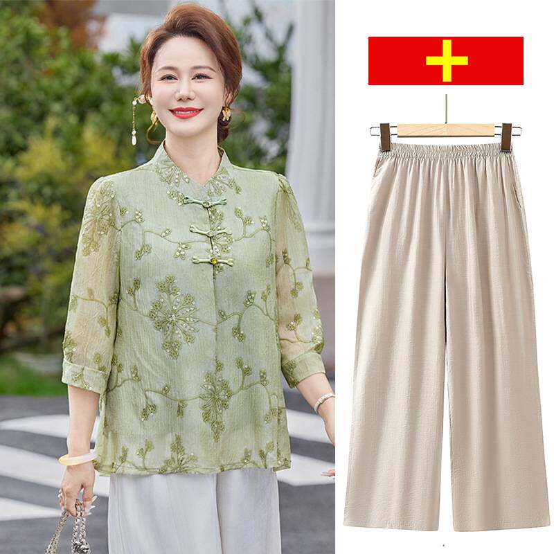 商场品牌中老年夏装洋气新中式国风大码套装妈妈端庄大气衬衫裤子