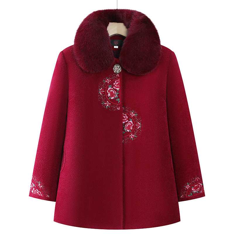 专柜品牌妈妈冬装加绒加厚毛呢外套中老年女装洋气保暖棉服奶奶仿