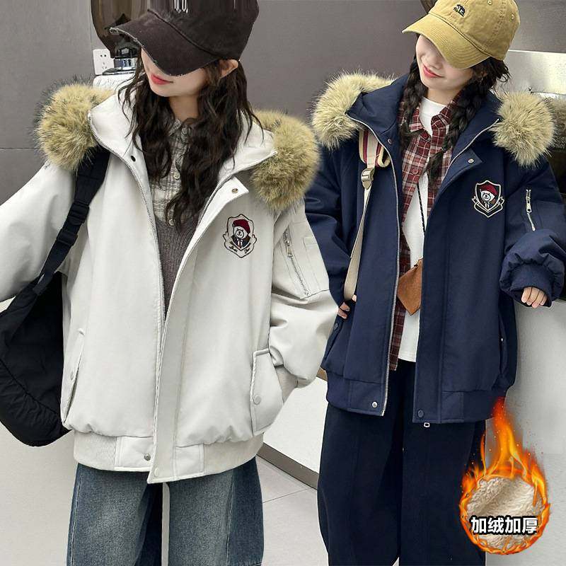 商场品牌女童冬装加绒棉服外套2025冬季韩版儿童加厚棉衣中大童绒