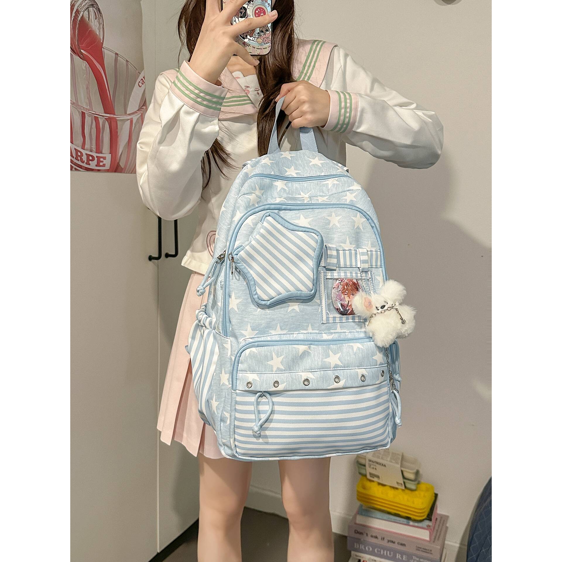 专柜品牌晴空星芒海盐浅蓝条纹星星双肩包韩系学院风初高中学生高