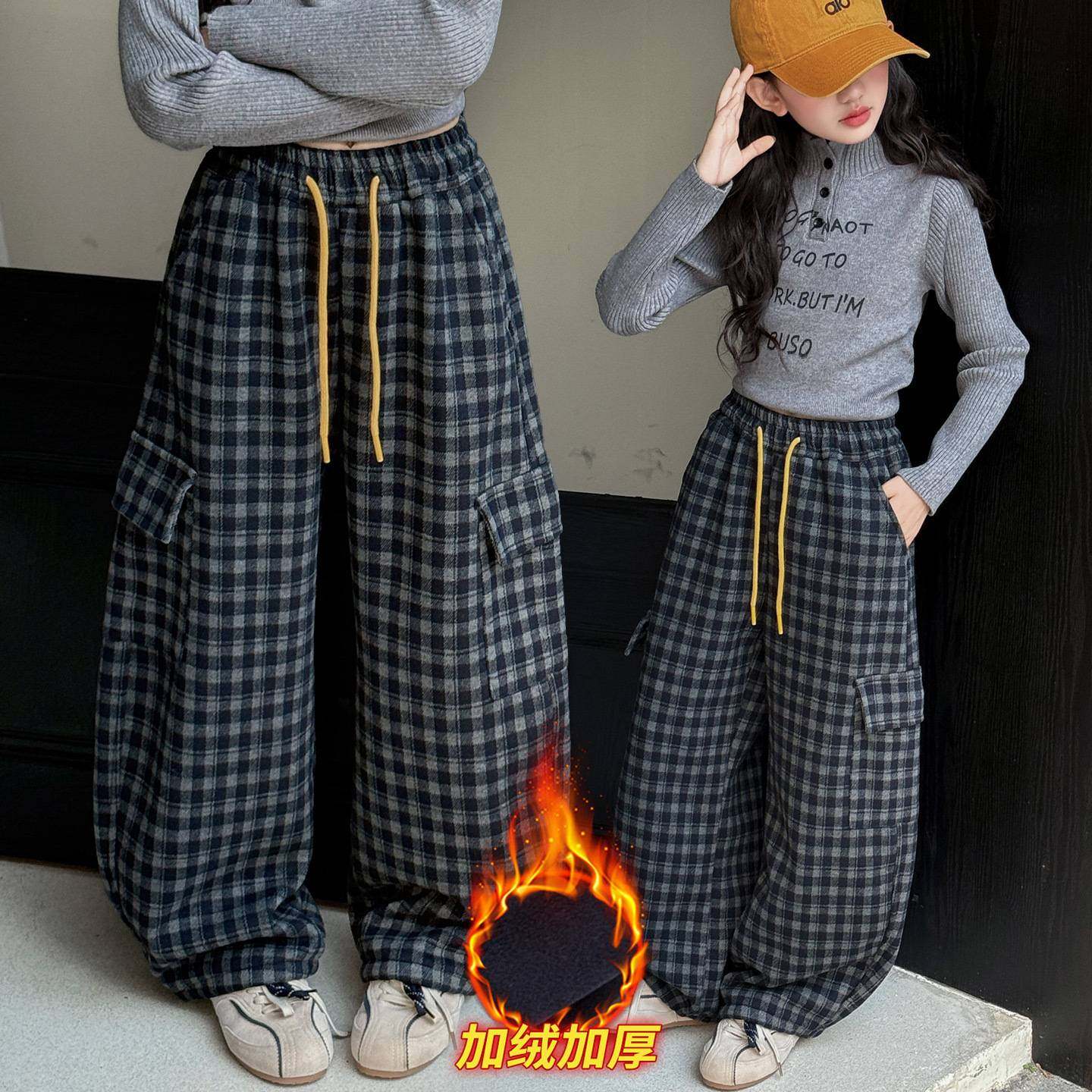 商场品牌女童中大童儿童复古纯棉格子阔腿裤2025秋冬儿童加厚一体