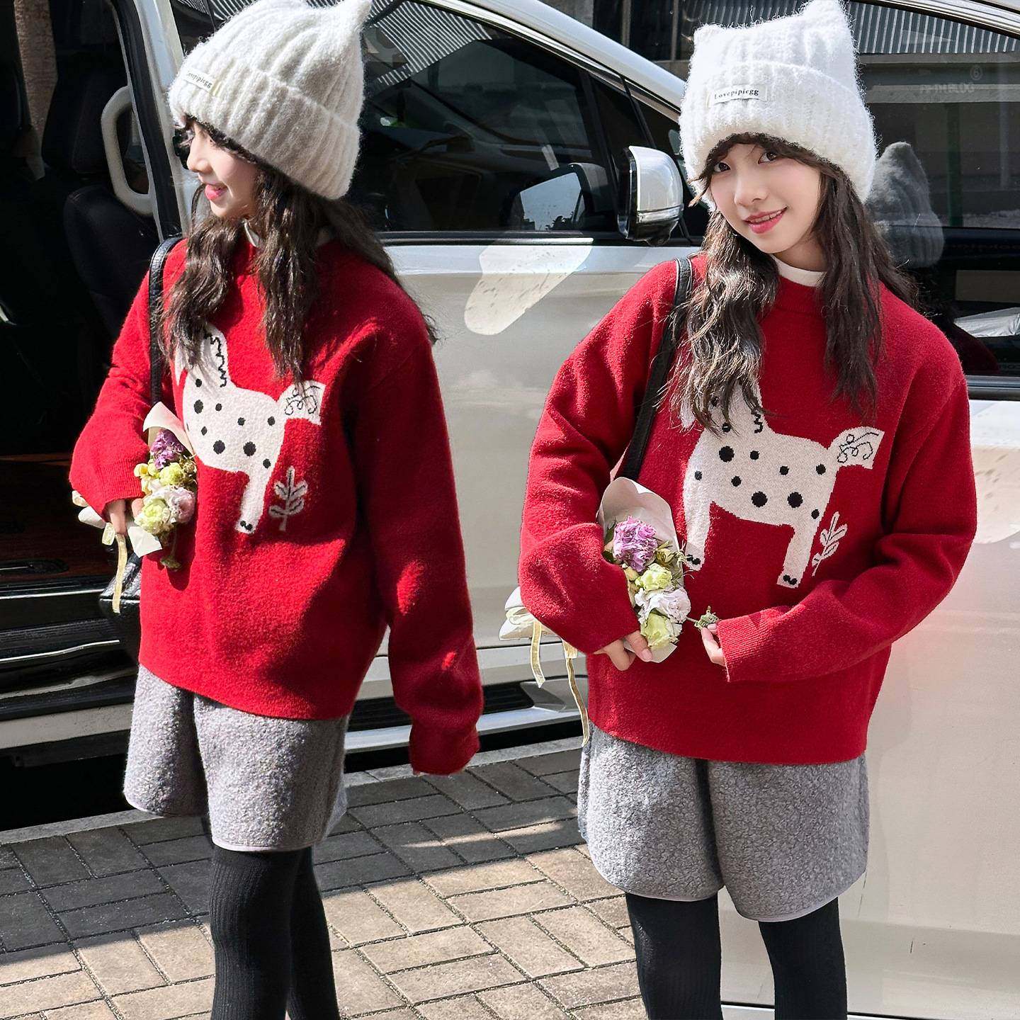 商场品牌女童冬季毛衣2025新款儿童加厚保暖中大童时髦卡通红色针