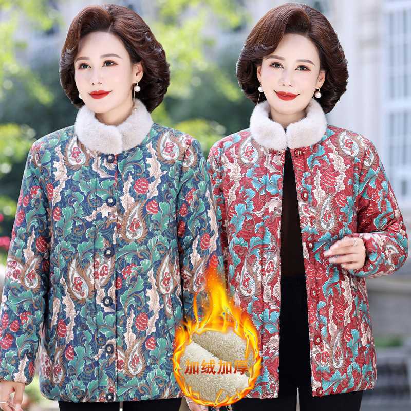 专柜品牌妈妈秋冬装加绒加厚小棉袄中年女装大码花棉衣中老年洋气
