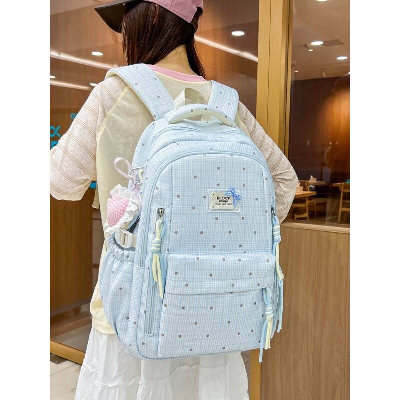 专柜品牌冰蓝清新格子爱心碎花背包元气减龄初高中女生学院风高颜