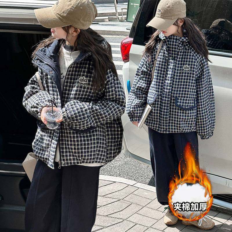 商场品牌女童韩系格纹连帽短款棉服2025冬季新款宽松百搭冬季保暖